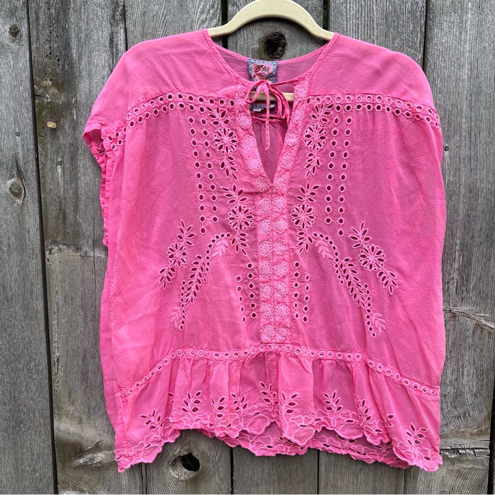 Johnny Was Bright Pink Eyelet Embroidered Split-Neck Tunic